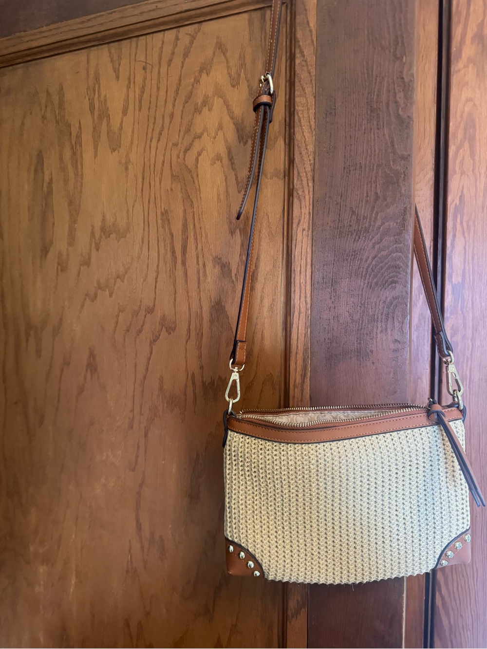 Woven Crossbody Bag with Brown Leather Trim - Cream/Brown